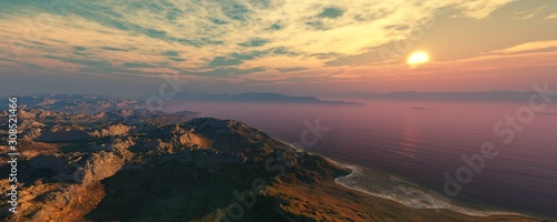 Bay at sunset, rocky coast at sunrise, seascape and cliffs. 3d rendering.