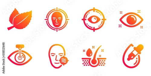 Health eye, Eye laser and Mint leaves line icons set. Face detect, Serum oil and Problem skin signs. Optometry, Optometry clinic. Medical set. Gradient health eye icons set. Vector