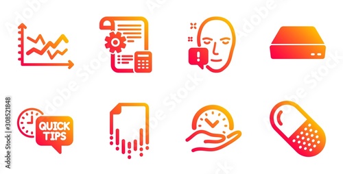 Mini pc, Recovery file and Quick tips line icons set. Diagram chart, Safe time and Face attention signs. Settings blueprint, Capsule pill symbols. Computer, Backup document. Science set. Vector