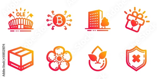 Love gift, Organic product and Natural linen line icons set. Delivery box, Sports arena and Buildings signs. Bitcoin system, Reject protection symbols. Heart present, Leaf. Business set. Vector