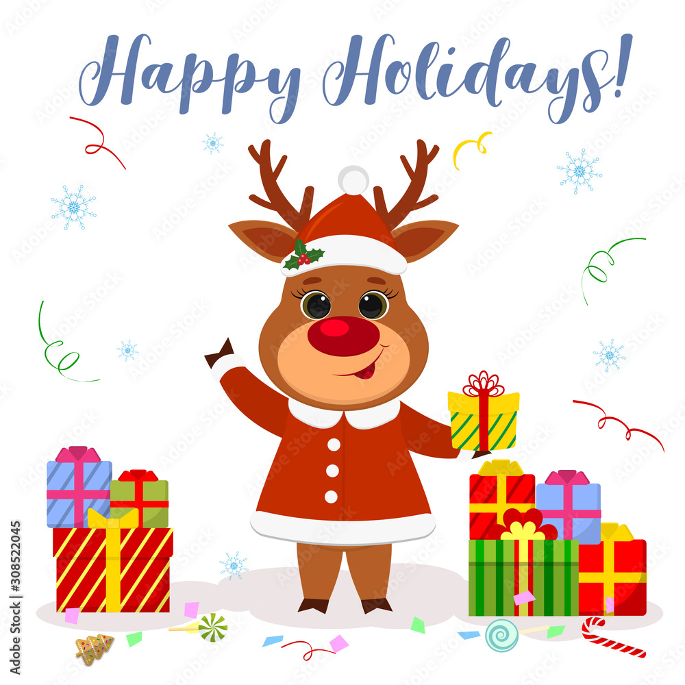 Naklejka premium Merry Christmas and Happy New Year 2020 Greeting Card. Cute reindeer in a Santa costume holds a box with a gift on a background of snowflakes and serpentine. Cartoon style Vector