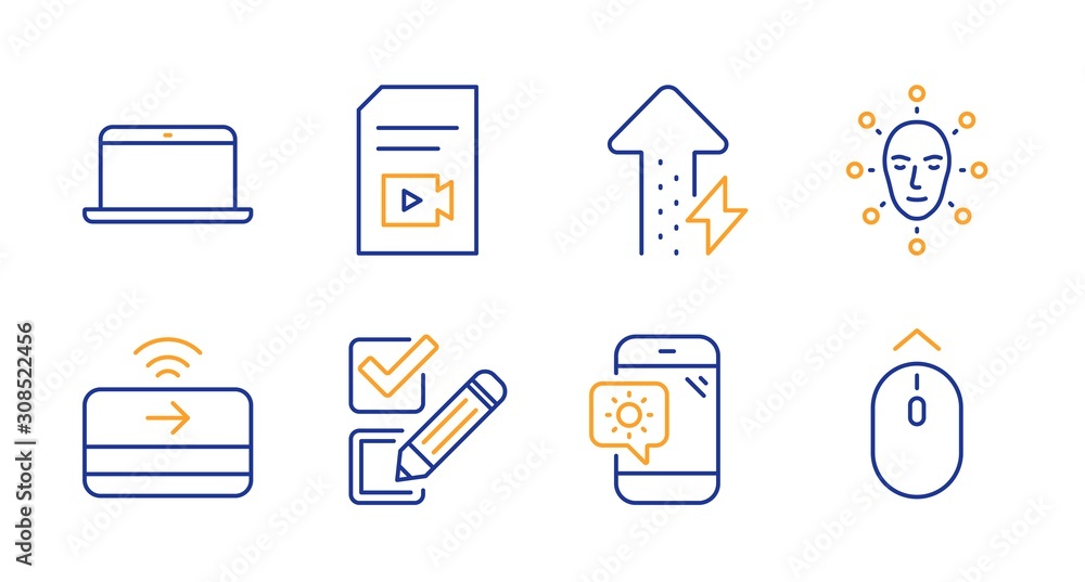 Checkbox, Contactless payment and Energy growing line icons set. Face biometrics, Weather phone and Laptop signs. Video file, Swipe up symbols. Survey choice, Financial payment. Vector