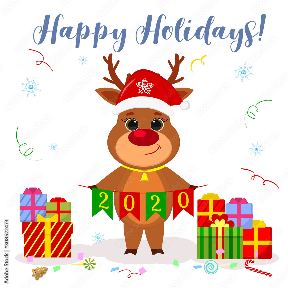 Merry Christmas and Happy New Year Greeting Card. Cute reindeer in a Santa hat holds flags 2020 against the background of snowflakes and serpentine, boxes with gifts. Cartoon style, Vector Merry Christmas and Happy New Year Greeting Card. Cute reindeer in a Santa hat holds flags 2020 against the background of snowflakes and serpentine, boxes with gifts. Cartoon style, Vector