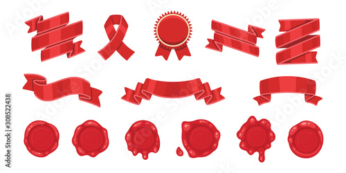 Fototapeta Red ribbons and cartoon red old wax stamps set, isolated on white background. Decorative ribbon banner and sealing label setcollection.