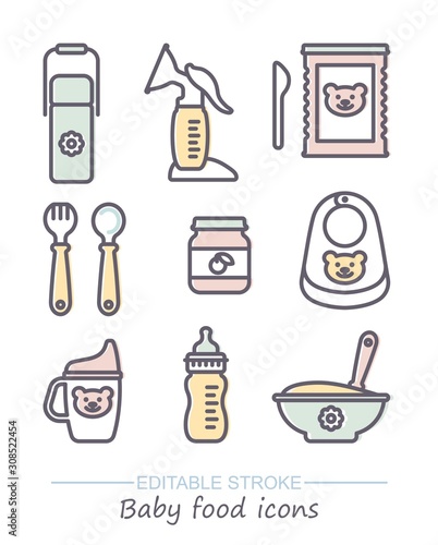 Vector icon set of baby food. Line icons with editable stroke