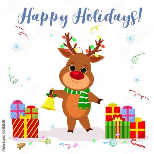 Merry Christmas and Happy New Year postcard 2020. Cute reindeer antlers garland, scarf. Holds a bell. on the background of snowflakes and serpentine, boxes with gifts. Cartoon style, Vector