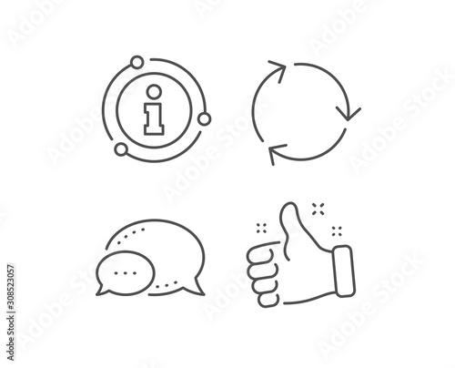 Recycle arrow line icon. Chat bubble, info sign elements. Recycling waste symbol. Reduce and Reuse sign. Linear recycling outline icon. Information bubble. Vector