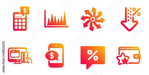 Phone payment, Calculator and Versatile line icons set. Low percent, Online payment and Line graph signs. Discount message, Loyalty program symbols. Mobile pay, Money management. Finance set. Vector