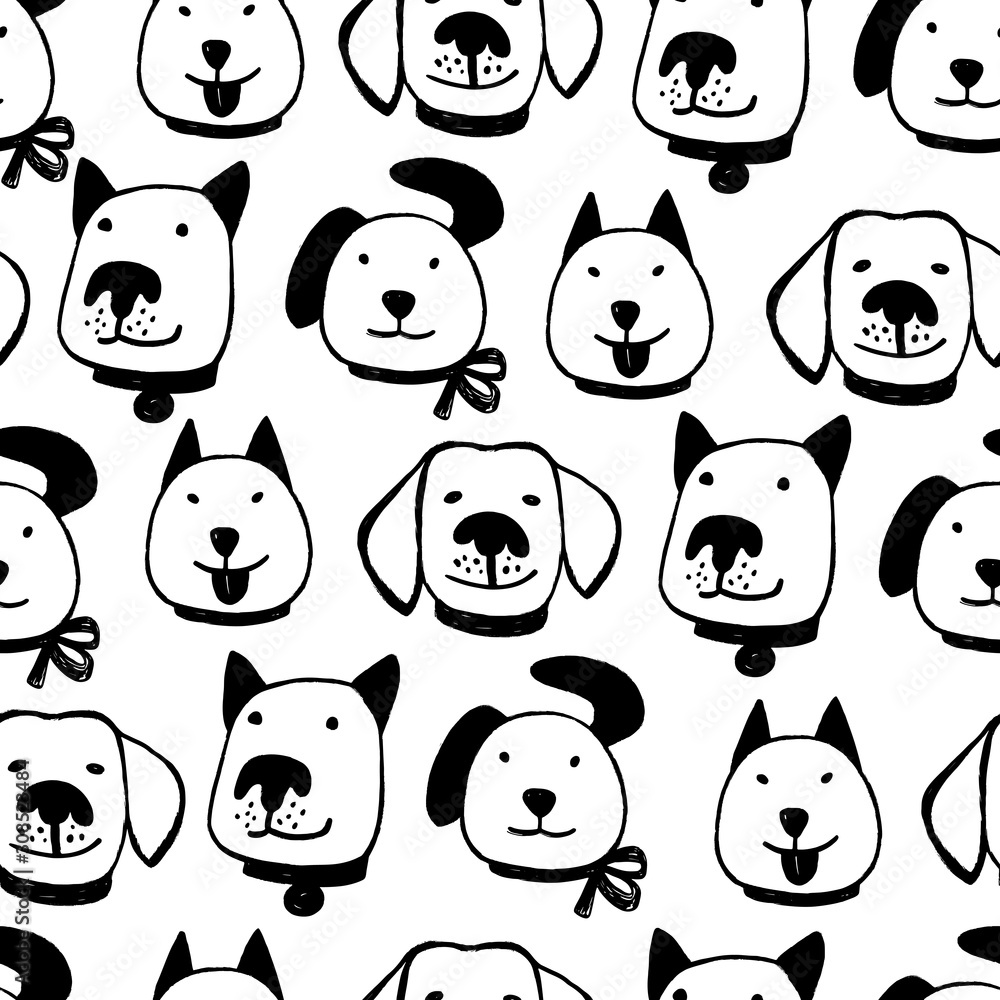 Obraz premium Ink hand drawn seamless pattern with funny dog faces