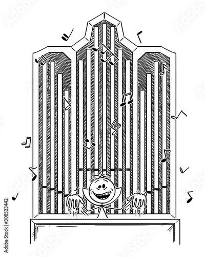 Vector cartoon stick figure drawing conceptual illustration of crazy evil madman or maniac laughing and playing music on organ.