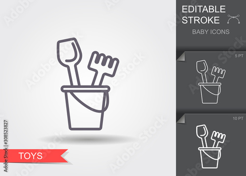 Vector baby bucket and sand shovel toy. Line icon with editable stroke with shadow
