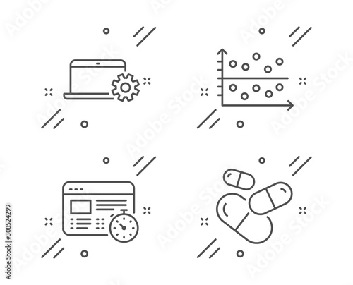 Web timer, Notebook service and Dot plot line icons set. Capsule pill sign. Online test, Computer repair, Presentation graph. Medicine drugs. Science set. Line web timer outline icon. Vector