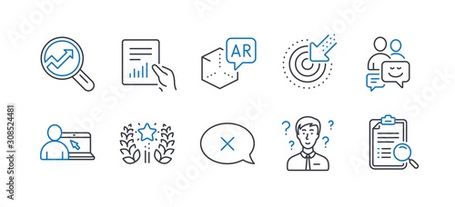 Set of Technology icons, such as Communication, Targeting, Augmented reality, Reject, Ranking, Document, Support consultant, Online education, Analytics, Search analysis line icons. Vector