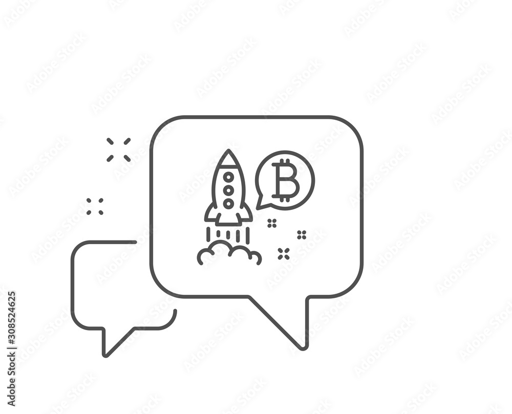 Fototapeta premium Bitcoin line icon. Chat bubble design. Cryptocurrency startup sign. Crypto rocket symbol. Outline concept. Thin line bitcoin project icon. Vector
