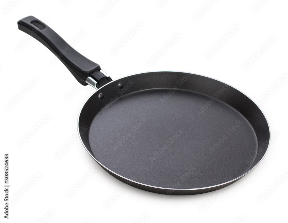 Empty black frying pan for pancakes isolated on white background Empty black frying pan for pancakes isolated on white background