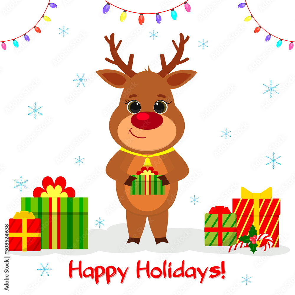 Postcard Merry Christmas and Happy New Year 2020. Cute reindeer with a bell on his neck holds a gift on a background of snowflakes, a garland and a box with gifts. Cartoon style, Vector Postcard Merry Christmas and Happy New Year 2020. Cute reindeer with a bell on his neck holds a gift on a background of snowflakes, a garland and a box with gifts. Cartoon style, Vector