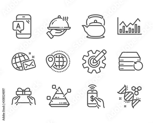 Set of Business icons, such as Chemistry dna, Pyramid chart, World travel, Recovery server, Give present, Infochart, Ab testing, Teapot, Phone payment, Restaurant food, Cogwheel. Vector