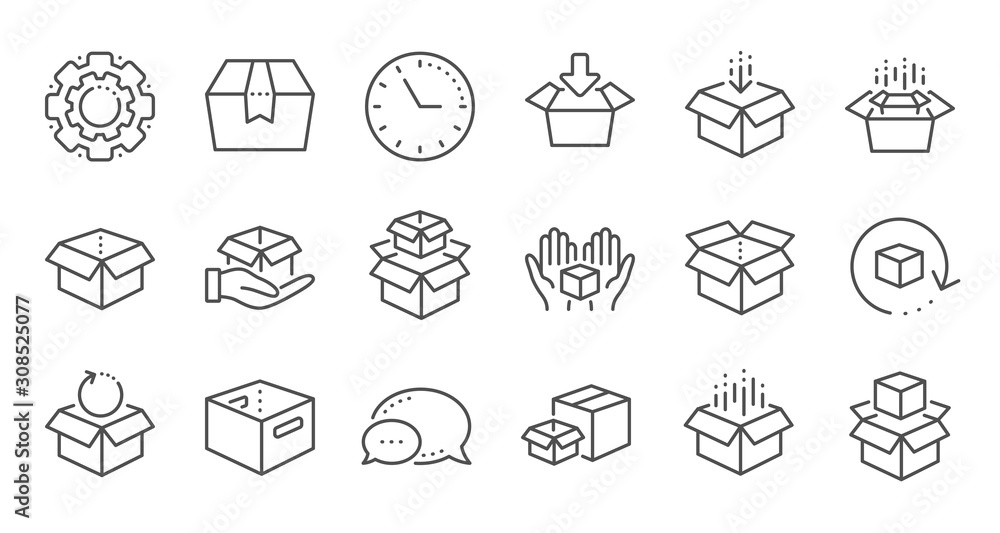 Box line icons. Package, delivery boxes, cargo box. Cargo distribution, export boxes, return parcel icons. Shipment of goods, open package. Linear set. Quality line set. Vector Box line icons. Package, delivery boxes, cargo box. Cargo distribution, export boxes, return parcel icons. Shipment of goods, open package. Linear set. Quality line set. Vector