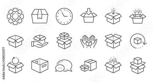 Box line icons. Package, delivery boxes, cargo box. Cargo distribution, export boxes, return parcel icons. Shipment of goods, open package. Linear set. Quality line set. Vector