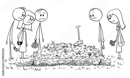 Vector cartoon stick figure drawing conceptual illustration of sad people, friends or family members on burial ceremony around the hole in the ground.