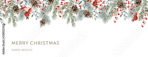Xmas nature design border, text Merry Christmas, white background. Green pine, fir twigs, cones, red berries. Vector illustration. Greeting banner template. Winter holidays forest