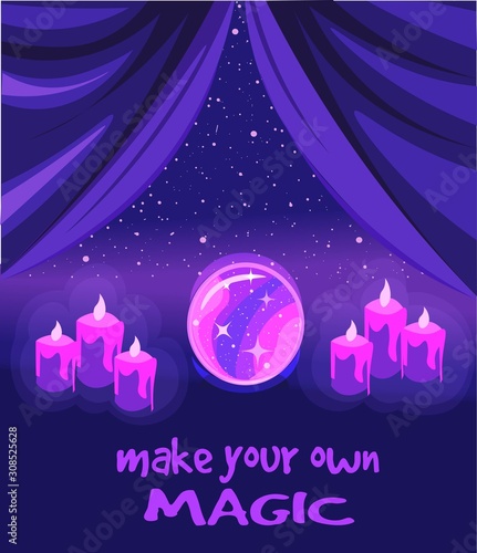 Make your own magic - violet poster about fortune telling. Crystal ball and candles under a starry sky.