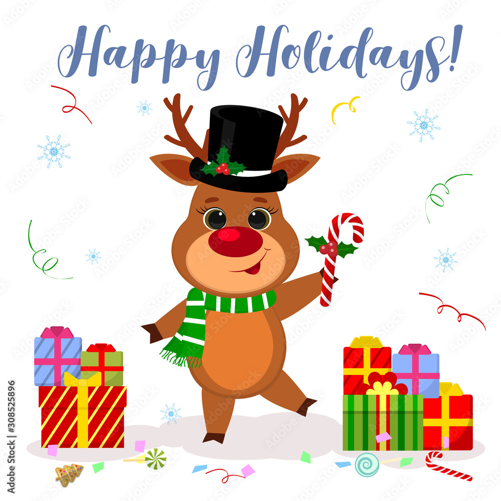 Fototapeta premium Merry Christmas and Happy New Year 2020 greeting card. Cute reindeer in a hat and a scarf, holds a lollipop on the background of snowflakes and serpentine, boxes with gifts. Cartoon style, Vector