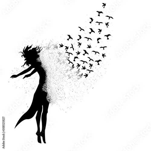 Vector beautiful girl with long curly hair and flowers in her hair, with flying butterflies, fashion sketch.
