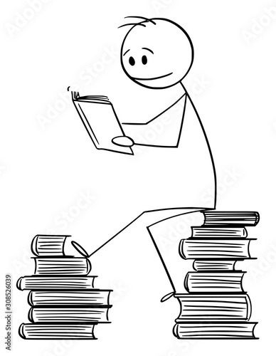 Vector cartoon stick figure drawing conceptual illustration of man sitting on pile of books and reading a book.