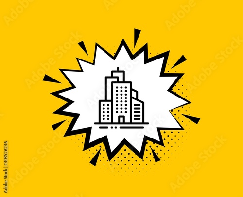 Skyscraper buildings line icon. Comic speech bubble. City architecture sign. Town symbol. Yellow background with chat bubble. Skyscraper buildings icon. Colorful banner. Vector