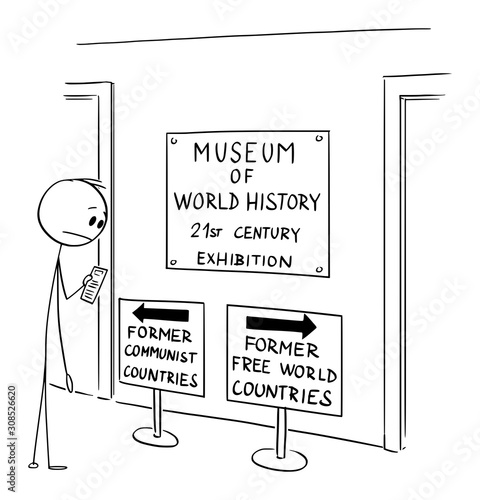 Vector cartoon stick figure drawing conceptual illustration of man in museum looking at ambiguous text on sign indicating the loss of freedom and liberty in western countries, also known as free world