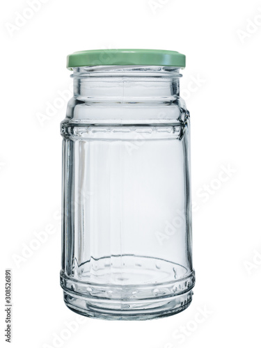 An empty glass jar with a metal lid. Isolated on white background