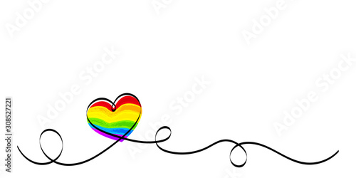 Calligraphy Rainbow Heart Ribbon on White background. LGBT Lesbian, gay, bisexual, transgender love symbols. Valentines day romantic greeting card with stripes and heart. Wedding invitation card