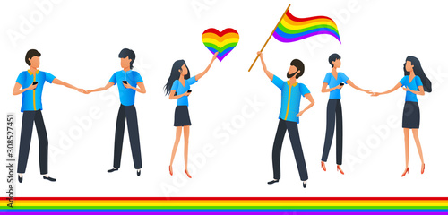 LGBTQ pride month vector set, crowd of people with rainbow flags and hearts. Love parade. Lesbian, gay, bisexual and transgender community. Flat style vector illustration clip art