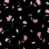 Pink little flowers blossom watercolor painting - hand drawn seamless pattern on black