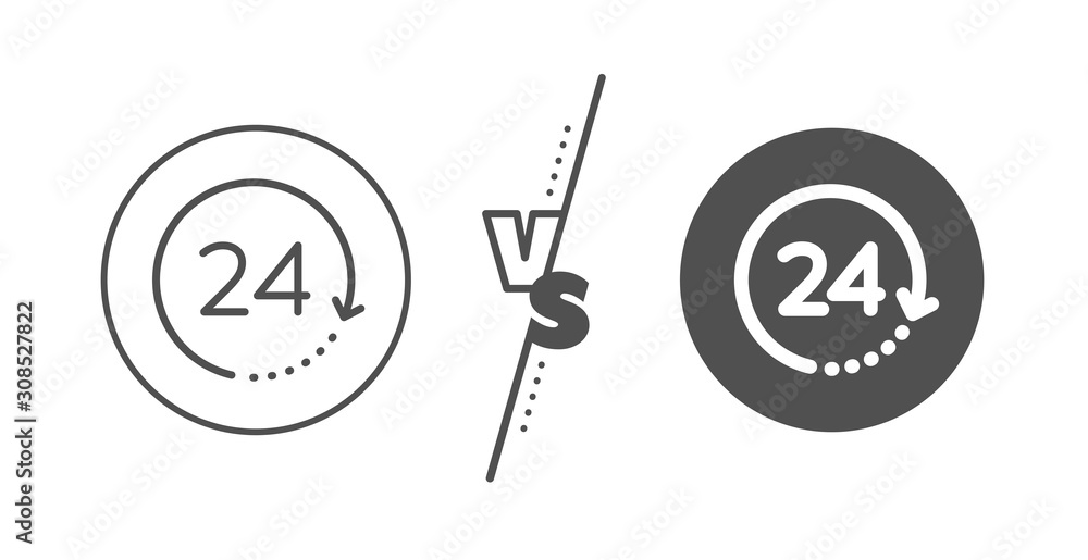 Clock sign. Versus concept. 24 hours time line icon. Watch symbol. Line vs classic 24 hours icon. Vector Clock sign. Versus concept. 24 hours time line icon. Watch symbol. Line vs classic 24 hours icon. Vector
