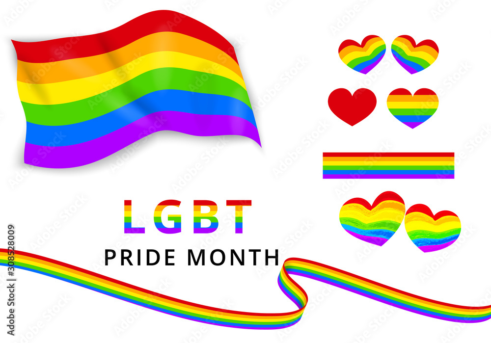 LGBTQ pride month vector set of elements in rainbow colors like: heart, pride flag, rainbow ribbons, text. LGBT lesbian, gay, bisexual and transgender symbols. Banner or poster template. Clip art LGBTQ pride month vector set of elements in rainbow colors like: heart, pride flag, rainbow ribbons, text. LGBT lesbian, gay, bisexual and transgender symbols. Banner or poster template. Clip art