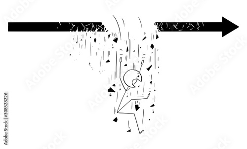 Vector cartoon stick figure drawing conceptual illustration of man or businessman walking on arrow forward to success. He is falling down due the crisis or failure.