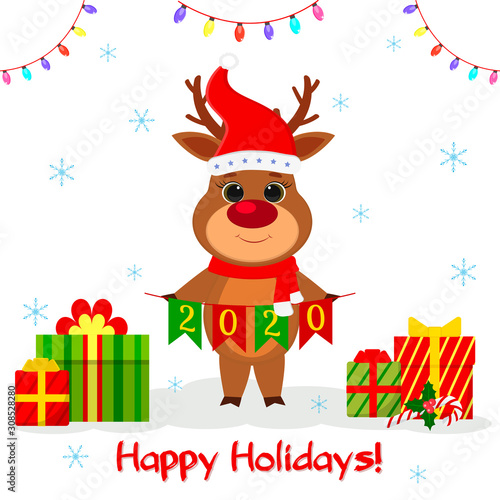 Merry Christmas and Happy New Year greeting card. Cute deer in santa hat and scarf holds 2020 flags on a background of snowflakes, a garland and a box with gifts. Cartoon style, Vector