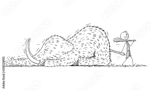 Vector cartoon stick figure drawing conceptual illustration of prehistoric man or cavemen pulling dead hunt mammoth. Business concept of success, profit and reward.