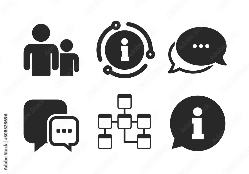 Group of people and database symbols. Chat, info sign. Information sign. Chat speech bubbles sign. Communication icons. Classic style speech bubble icon. Vector Group of people and database symbols. Chat, info sign. Information sign. Chat speech bubbles sign. Communication icons. Classic style speech bubble icon. Vector