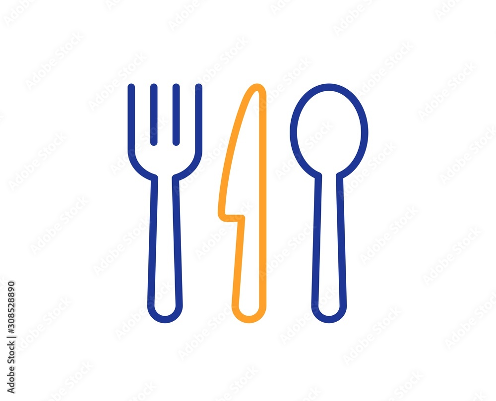 Cutlery sign. Food line icon. Fork, knife, spoon symbol. Colorful outline concept. Blue and orange thin line food icon. Vector Cutlery sign. Food line icon. Fork, knife, spoon symbol. Colorful outline concept. Blue and orange thin line food icon. Vector