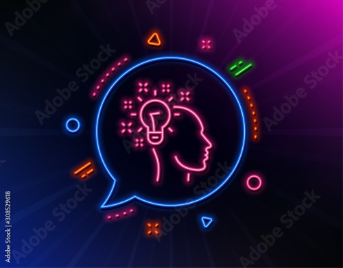 Idea line icon. Neon laser lights. Human head with light bulb sign. Inspiration symbol. Glow laser speech bubble. Neon lights chat bubble. Banner badge with idea icon. Vector