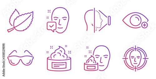 Face accepted, Face cream and Farsightedness line icons set. Skin cream, Eyeglasses and Mint leaves signs. Access granted, Gel. Medical set. Gradient face accepted icon. Vector