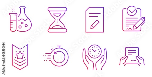Shoulder strap, Time and Chemistry flask line icons set. Rfp, Edit document and Safe time signs. Fast recovery, Receive file symbols. Star rank, Clock. Education set. Vector