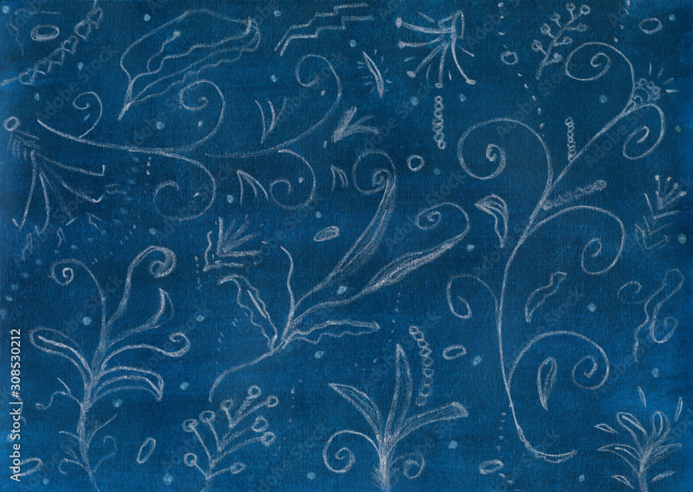 Hand-drawn watercolor background. Abstract white doodle patterns, dots, lines, strokes on a dark blue backdrop. High resolution texture Hand-drawn watercolor background. Abstract white doodle patterns, dots, lines, strokes on a dark blue backdrop. High resolution texture