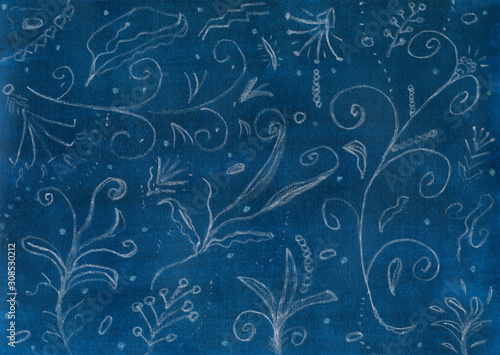 Hand-drawn watercolor background. Abstract white doodle patterns, dots, lines, strokes on a dark blue backdrop. High resolution texture