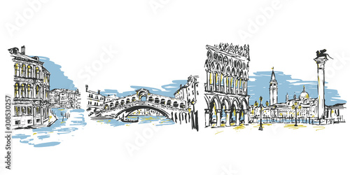 Vector Venice Italy hand drawn sketch with architecture landmarks, houses, market bridge, grand canal. Italian famous hand drawn city design.