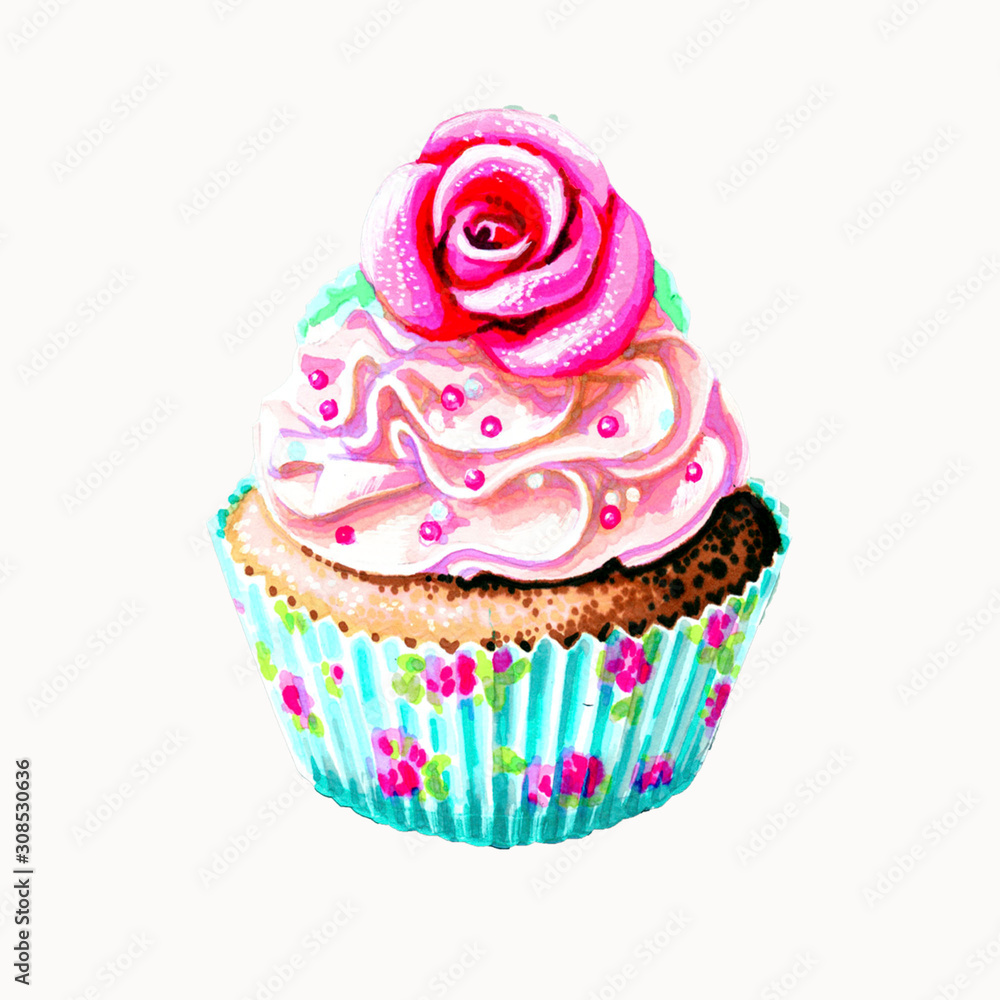 cupcake with vanilla cream and pink rose
