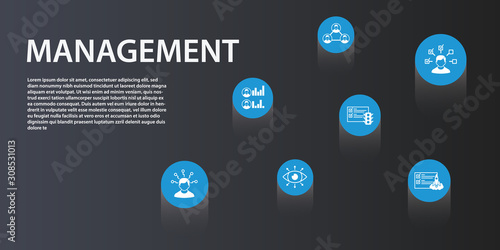 Management Infographics vector design. Timeline concept include interaction, specialist, team characteristics icons. Can be used for report, presentation, diagram, web design